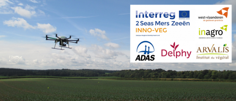 Drone flying over a field with logos of the project collaborators