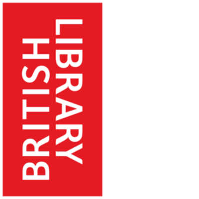 Red background with vertically alligned words saying 'British Library'